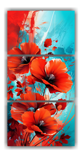 30x60cm Cuadro Mural Diseño En Rojo Y Turquesa Flores