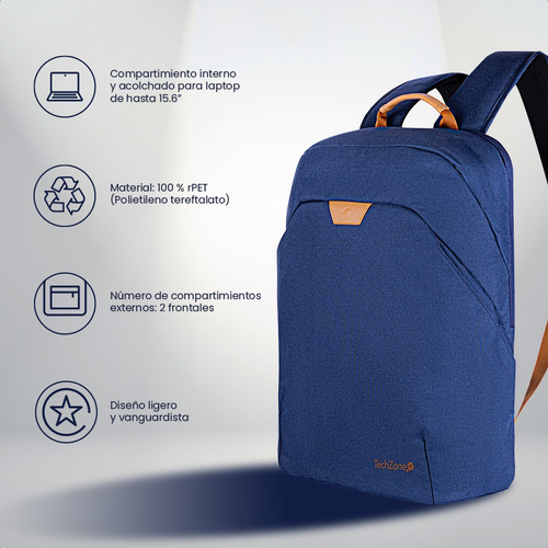 Backpack Techzone Porta Laptop Pet Reciclado Eco Hero Blue Color Azul Diseño de la tela Liso