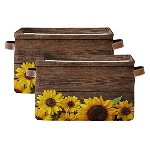 Caja De Almacenamiento De Cubo De Girasol De Madera Asa...