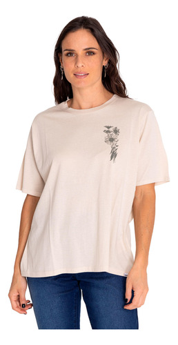 Polera Manga Corta Mujer Oversized Graphic Beige Cat