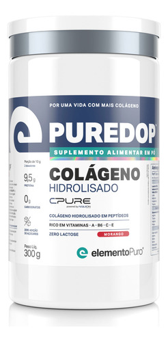 Colágeno Hidrolisado Puredop 300g Elementopuro Sabor Morango