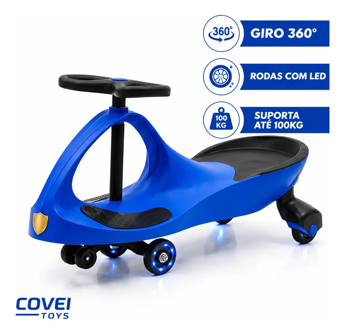 Carrinho Rolimã Car Drift Infantil Volante Gira 360 Suporta 100kg Com Led Nas Rodas Azul E Preto Covei Toys