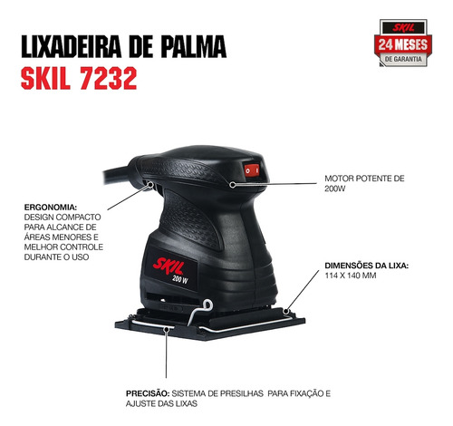 Lixadeira Orbital De Palma Skil 7232 200w Cor Preto Frequência 50 Hz/60 Hz