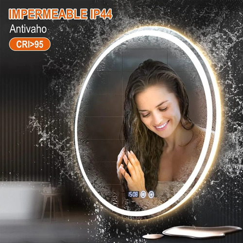 Espejo Led Baño Touch 3 Modos Antivaho 50x50cm con Hora y Temperatura