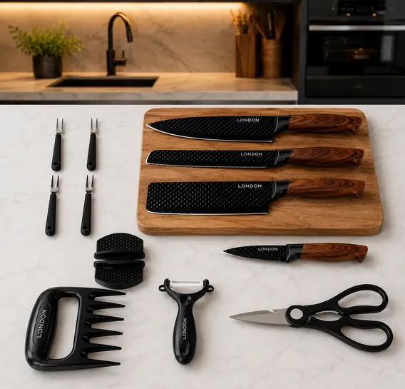 Kit Completo Facas London Wood Faqueiro 12 Pçs Cabo Madeira Preto
