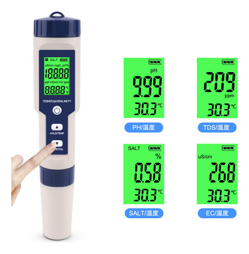 5 En 1 Lcd Tds Ph Meter Conductividad Piscina Agua Salinidad