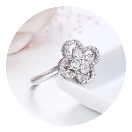 Anillo Ajustable Flor Grande Con Diamantes Mujer Plata 925