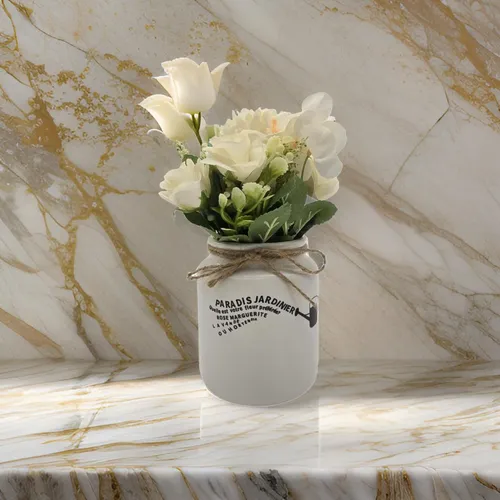 Planta Artificial Macetero Ceramica Blanco Con Hortensias