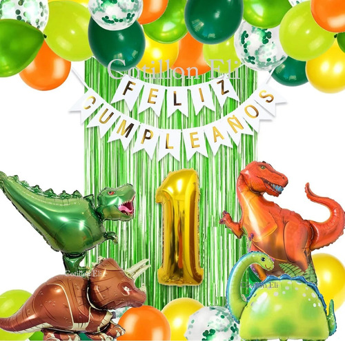 Imagen 1 de 3 de Set Feliz Cumple Globos Dinosaurios Banderin Numero Confetti