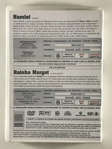 Dvd Dupla Face Hamlet & Rainha Margot Épico Raro