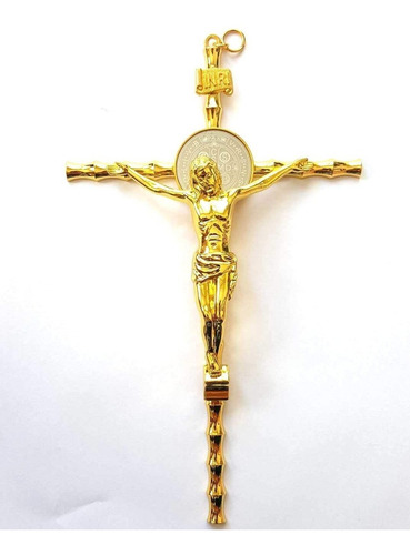 Crucifixo Cruz Jesus Bambu São Bento Medalha 21cm Ouro