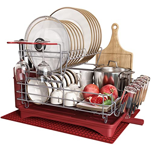 Majalis Red Dish Drying Rack Drainboard Set Conjunto De...