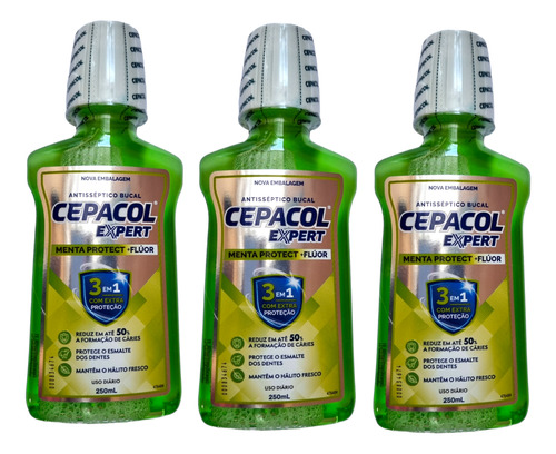 Kit 3 Cepacol Enxaguante Bucal Expert Menta Protect 250 Ml