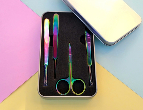 Set De Pinzas, Tijera Y Estuche, Pestañas, Uñas Arcoiris