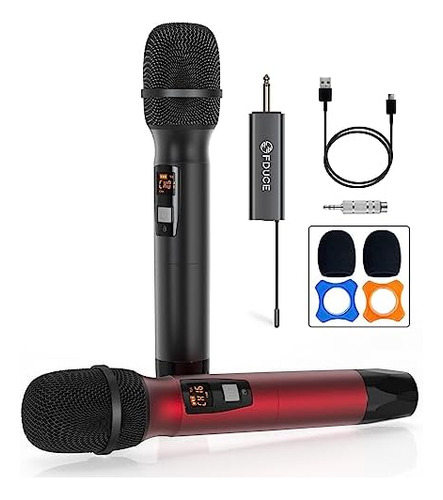 Set Micrófono Inalambrico Karaoke Dual Fduce Uhf-negro Rojo