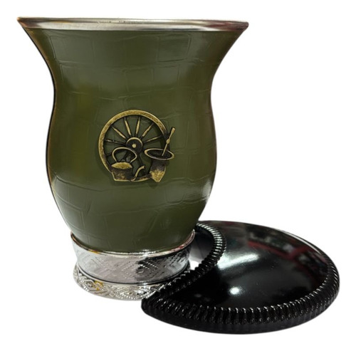 Mate De Calabaza Con Aplique Y Tapa De Plastico Desmontable Verde Musgo Personalizado
