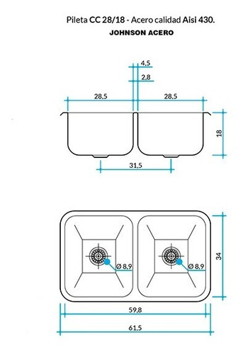 Imagen 2 de 6 de Bacha/pileta Doble De Acero Inoxidable Cc28/18 Johnson