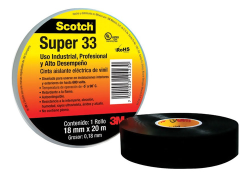 Cinta Aislante Eléctrica De Vinil Scotch Super 33 18mm X 20m