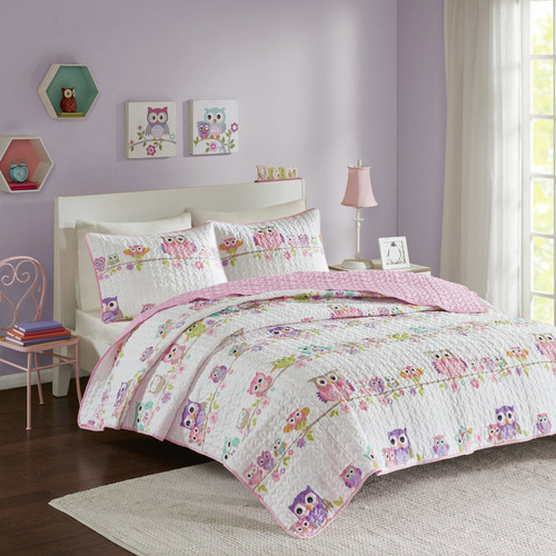 Juego Edredón Matrimonial Rosa Búho Decoración Dormitorio 3