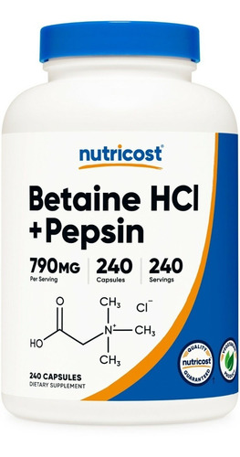 Betaine Hcl + Pepsin 790 Mg / 240 Capsulas / Nutricost
