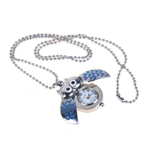 Plata Y Collar De Mini Azul Reloj De Bolsillo Del Buho