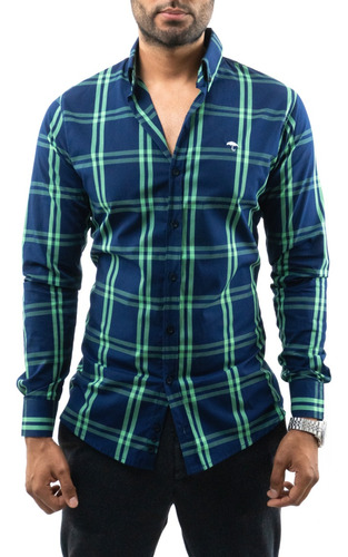 Camisa Hombre Casual Slim Fit Marino Cuadros Verdes Alexis R