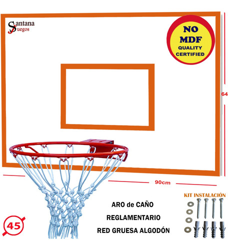 Imagen 2 de 6 de Tablero Basketball Grande Aro 45cm Red Blanca Santana Juegos