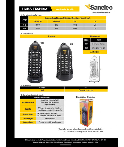 Mata Insectos Eléctrico 8w 120v Sanelec 1649