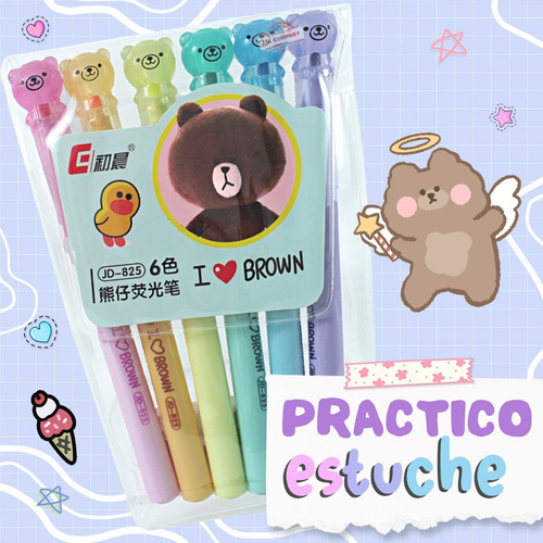 Imagen 5 de 9 de Set De 6 Marcatextos Colores Pastel Forma De Osito Kawaii