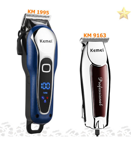 Kit Profssional Kemei Barbeiro Km-1995 Azul+ Km-9163 Detalhe Cor Prateado Voltagem 110v/220v