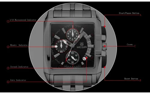 Reloj Megir Chronograph Con Correas Cuadradas De Acero