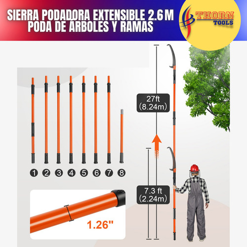 Sierra De Pértiga Extensible 8m Para Poda Con Hoja Acero Color Naranja