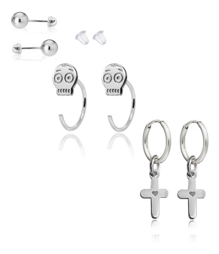 Set Aretes Broquel Bolita, Calavera Y Cruz Plata .925 Besame