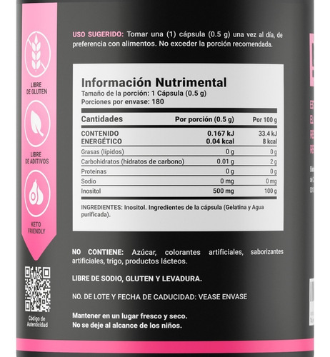 Imagen 4 de 6 de Inositol De 180 Cápsulas De 500mg. B Life Pure Inositol