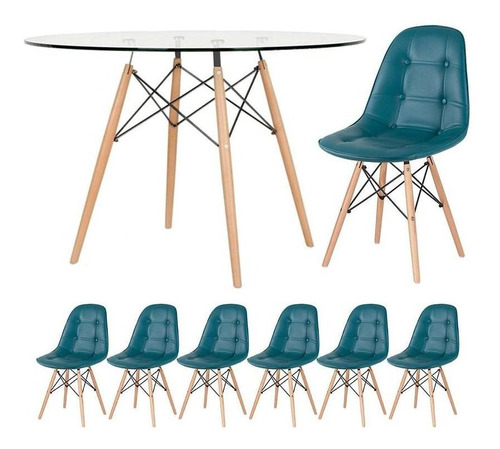 Kit Jantar Eames Mesa Eiffel 120 Cm Vidro 6 Cadeiras Botonê Cor Turquesa