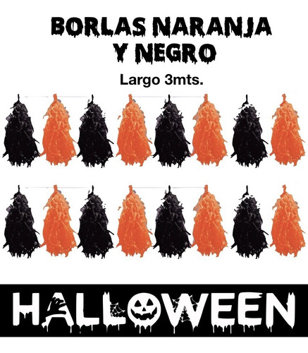 Guirnalda Borlas Naranja Y Negro 3 Metros Cotillon Halloween
