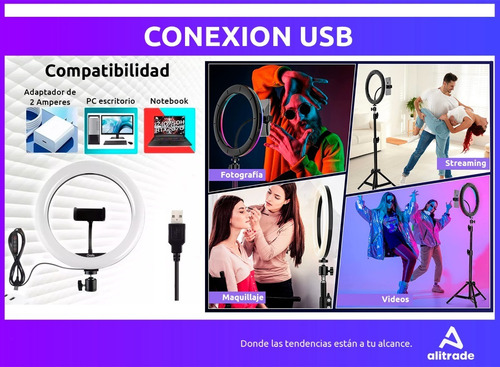 Aro De Luz Led 26 Cm Luz Rgb Calida Fria + Trípode 2.10 Mt