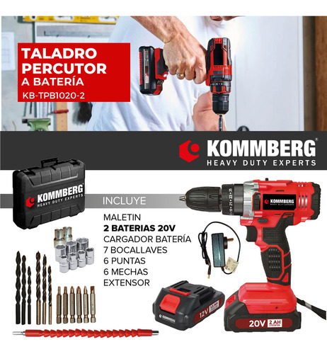 Taladro Percutor + 2 Baterias 20v Kommberg 13mm Maletin 2 Baterias, Cargador Y Accesorios Kb-tpb1020-2