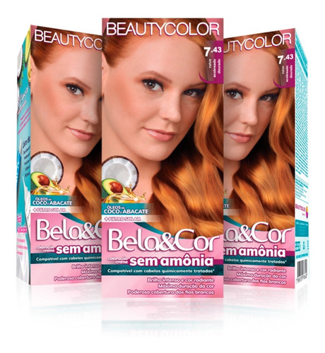 3un Coloração Kit Bela&cor Sem Amônia 7.43 Ruivo Acobreado