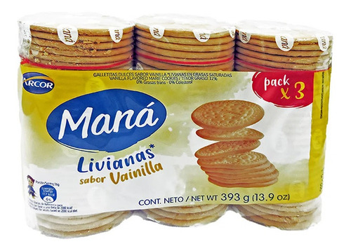 Galletas Mana Livianas Vainilla Arcor 3*131gr(3unidad)-super