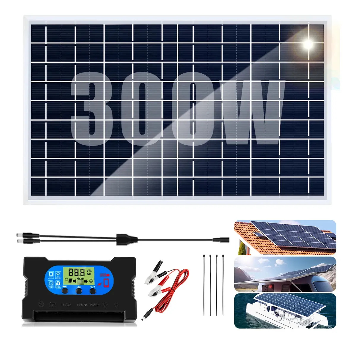 Panel Solar SUZWIP 300W con Controlador y Puertos USB y DC para Exteriores