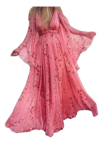 Pink Halter V Neck Printed Sexy Pleated Long Dresses