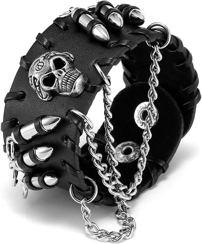 Brazalete De Piel Punk Con Diseño De Calavera