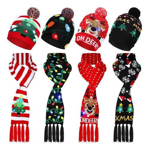 8pcs Conjunto De Gorro Y Bufanda Navideños Con Luces Led