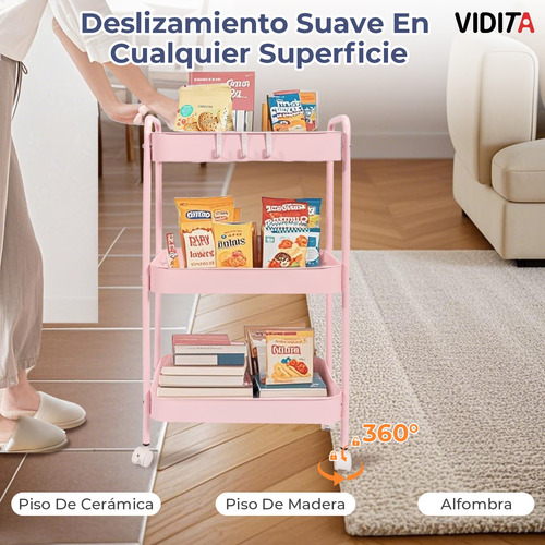 Carrito Organizador Metal 3 Niveles Ruedas Bloqueables Rosa Rosa