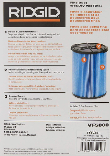 Ridgid, 72952, Filtro De VacĂo, Vf5000, 2 Etapas