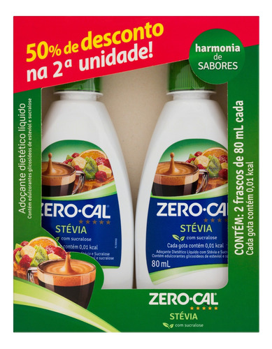 Pack Adoçante Líquido Stevia Zero Cal Frasco 2 Unidades 80ml Cada Grátis 50% de Desconto na 2ª Unidade