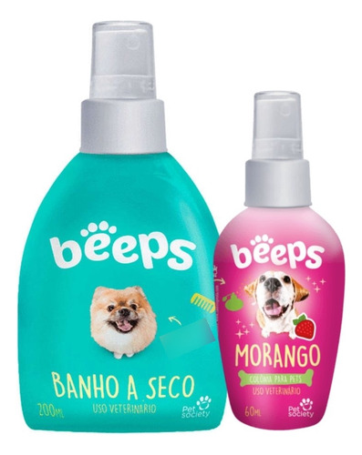 Kit Beeps Pet Society Banho A Seco E Colonia Perfume Morango Fragrância Suave