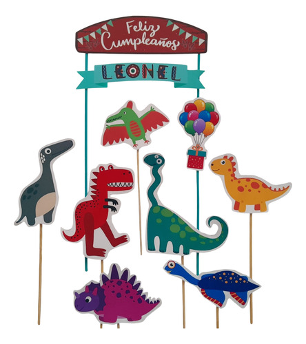 Adorno Torta Topper Dinosaurios C/ Nombre Y Feliz Cumple X10 Verde Lima Toppers Dinos