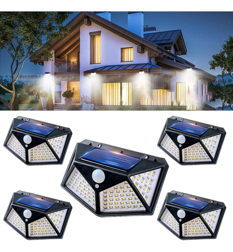 Kit 5 Luminária Solar 100 Led Com Sensor Jardim Prova Dágua